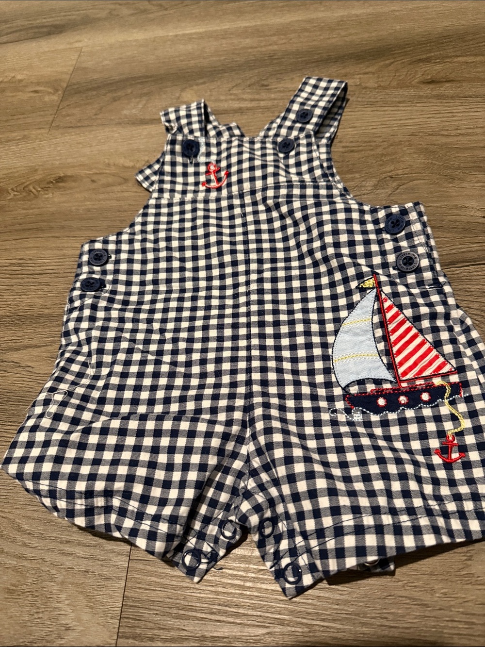 Navy Gingham Sailboat Shortalls - Kids